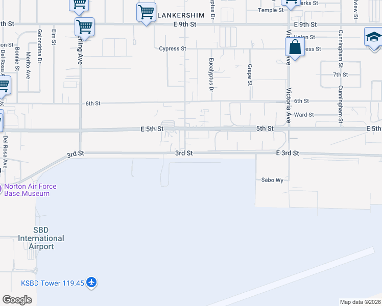 map of restaurants, bars, coffee shops, grocery stores, and more near 2615 East 3rd Street in Highland