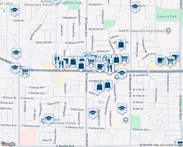 map of restaurants, bars, coffee shops, grocery stores, and more near in Claremont