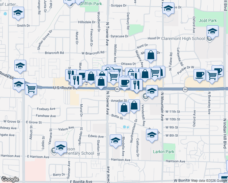 map of restaurants, bars, coffee shops, grocery stores, and more near in Pomona