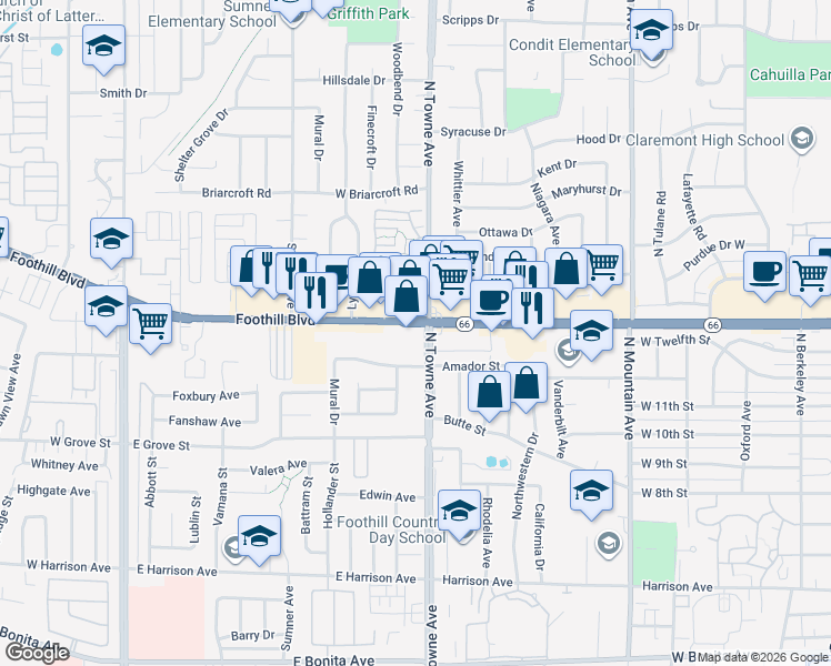 map of restaurants, bars, coffee shops, grocery stores, and more near 695 East Foothill Boulevard in Pomona