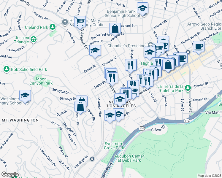 map of restaurants, bars, coffee shops, grocery stores, and more near 5012 Monte Vista Street in Los Angeles