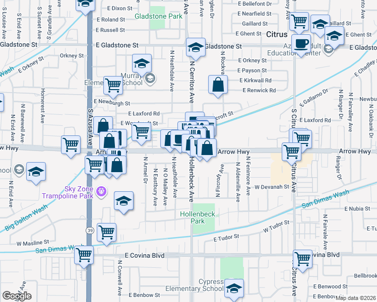 map of restaurants, bars, coffee shops, grocery stores, and more near 585 E Arrow Hwy in Covina