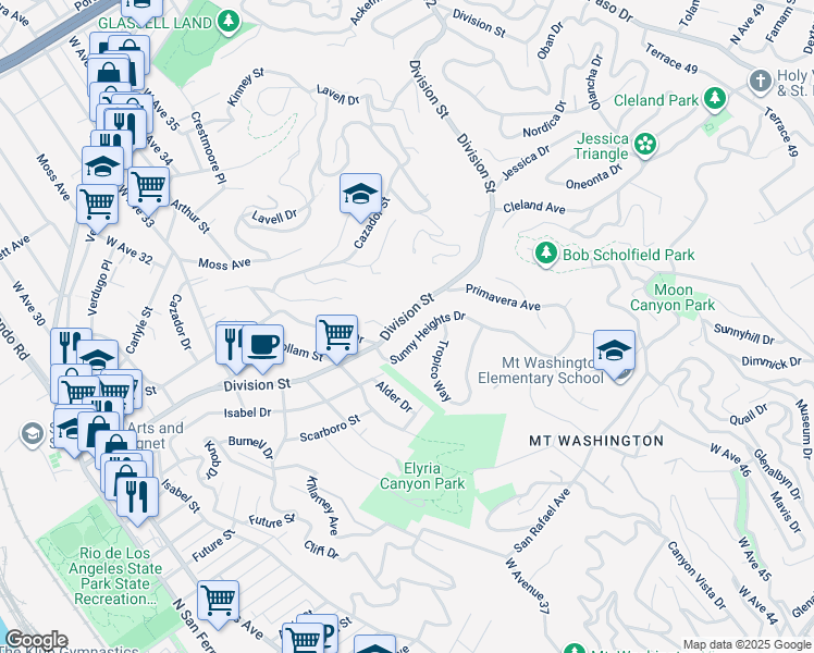 map of restaurants, bars, coffee shops, grocery stores, and more near 3544 Division Street in Los Angeles