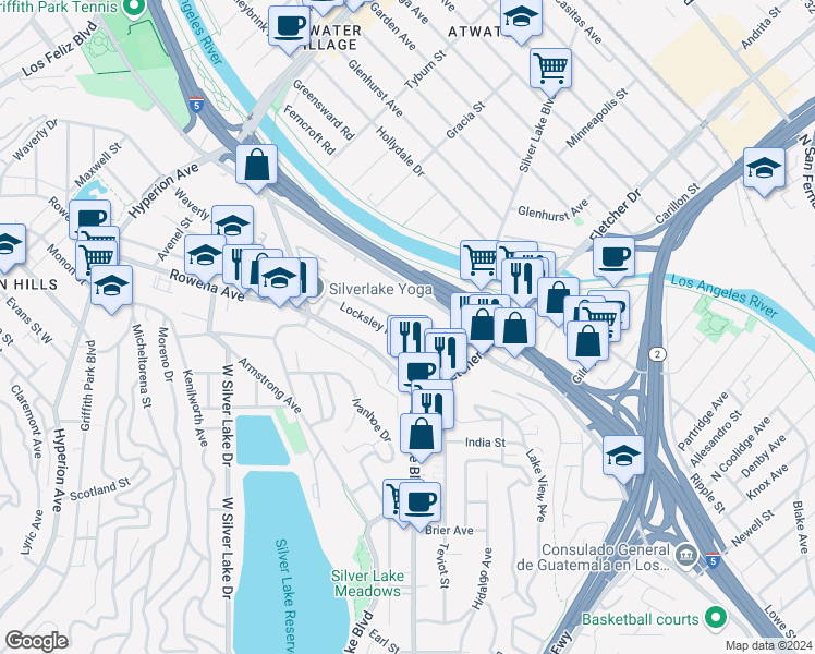 map of restaurants, bars, coffee shops, grocery stores, and more near 2640 Waverly Drive in Los Angeles