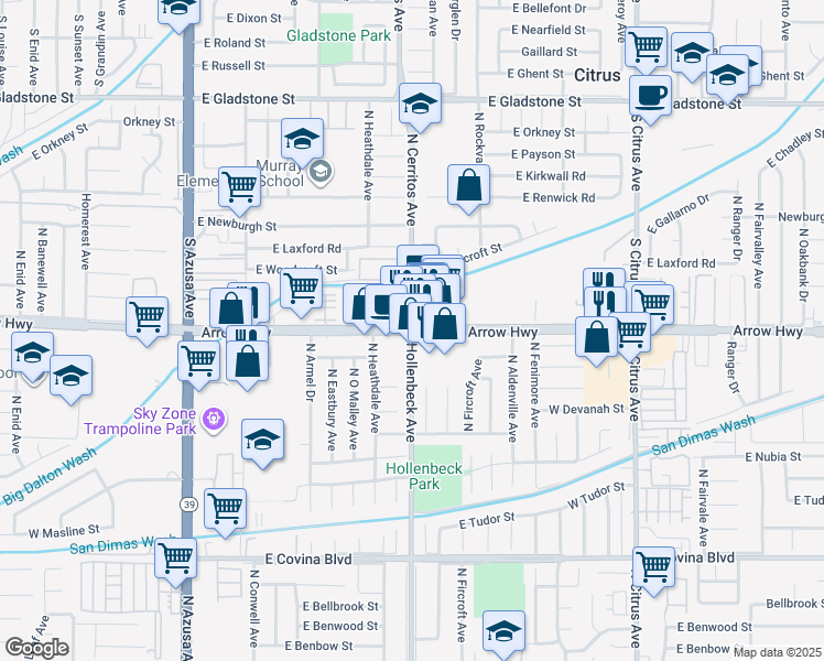 map of restaurants, bars, coffee shops, grocery stores, and more near East Arrow Highway & North Cerritos Avenue in Covina