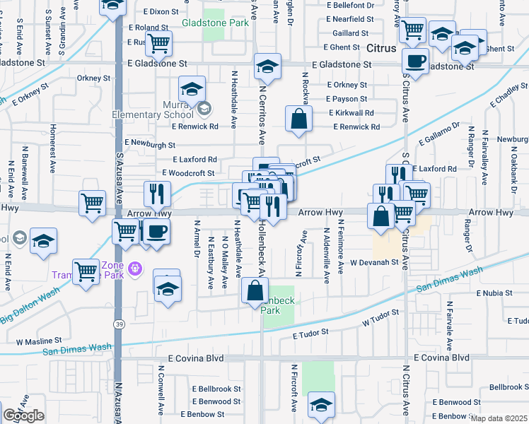 map of restaurants, bars, coffee shops, grocery stores, and more near 603 East Arrow Highway in Azusa