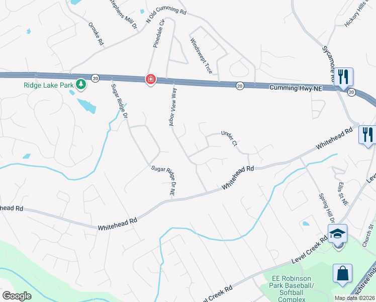 map of restaurants, bars, coffee shops, grocery stores, and more near 5155 Arbor View Way in Sugar Hill