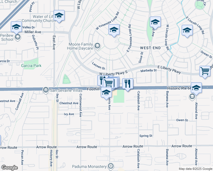 map of restaurants, bars, coffee shops, grocery stores, and more near 13677 Crawford Court in Fontana