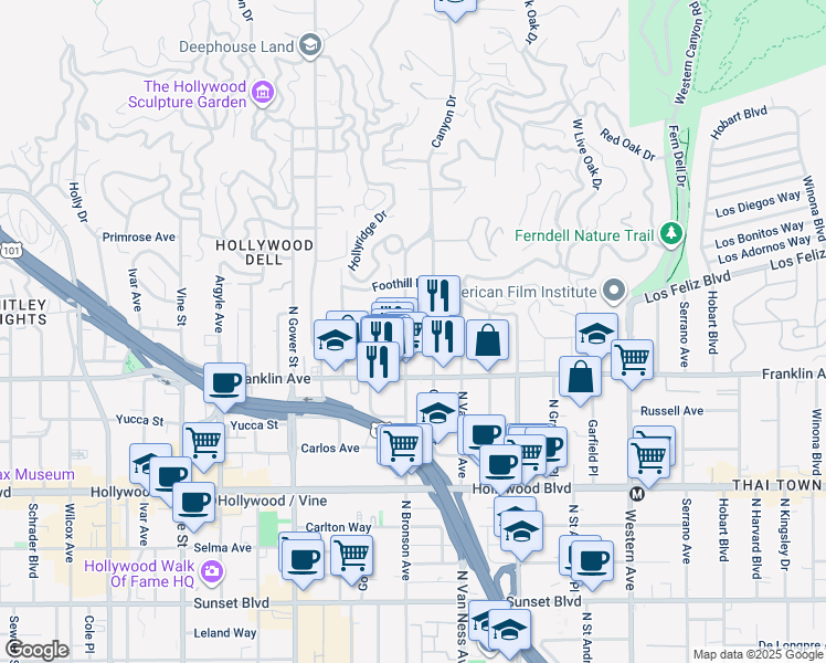 map of restaurants, bars, coffee shops, grocery stores, and more near 1954 North Bronson Avenue in Los Angeles