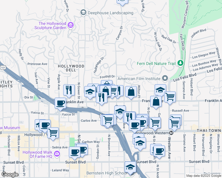 map of restaurants, bars, coffee shops, grocery stores, and more near 1954 North Bronson Avenue in Los Angeles