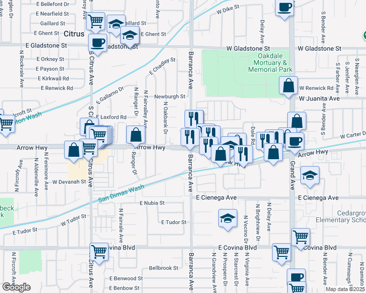 map of restaurants, bars, coffee shops, grocery stores, and more near 1025 West Arrow Highway in Covina