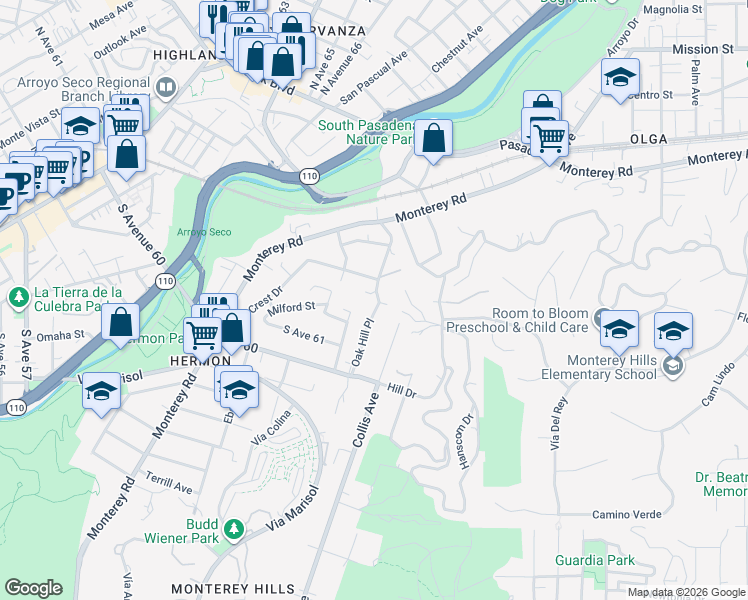 map of restaurants, bars, coffee shops, grocery stores, and more near 1303 Oak Hill Place in South Pasadena
