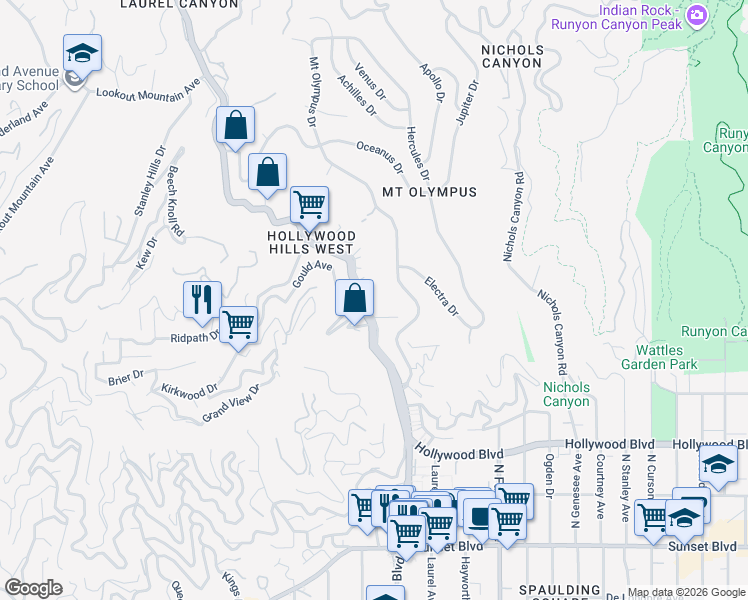 map of restaurants, bars, coffee shops, grocery stores, and more near 1930 Laurel Canyon Boulevard in Los Angeles