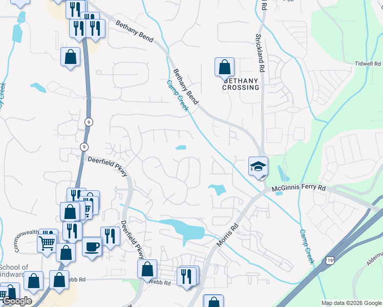 map of restaurants, bars, coffee shops, grocery stores, and more near 13396 Aventide Ln in Alpharetta
