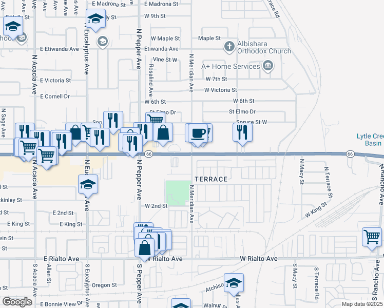 map of restaurants, bars, coffee shops, grocery stores, and more near East Foothill Boulevard & North Meridian Avenue in San Bernardino
