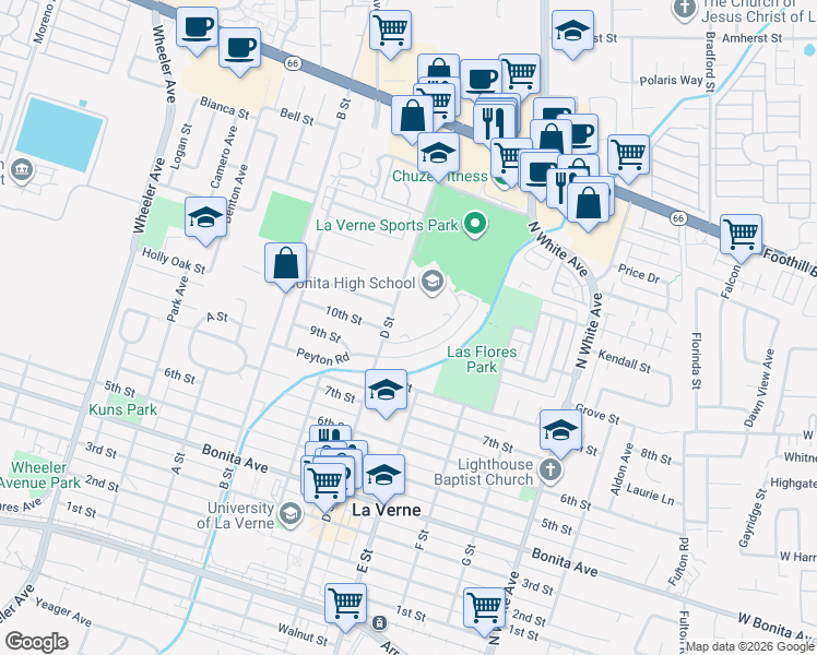 map of restaurants, bars, coffee shops, grocery stores, and more near 2895 Peyton Road in La Verne
