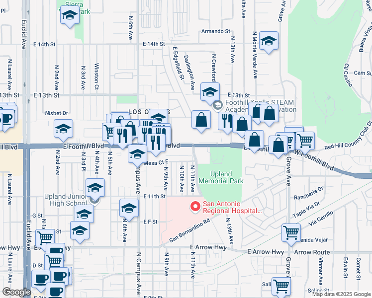 map of restaurants, bars, coffee shops, grocery stores, and more near 1060 West Historic Route 66 in Upland