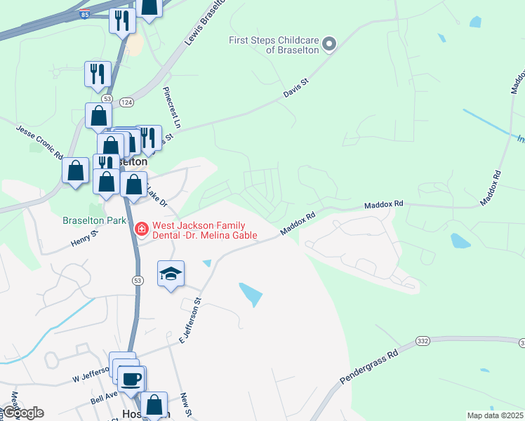 map of restaurants, bars, coffee shops, grocery stores, and more near 333 Golden Eagle Parkway in Hoschton
