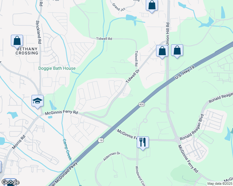 map of restaurants, bars, coffee shops, grocery stores, and more near 603 Wendlebury Court in Alpharetta
