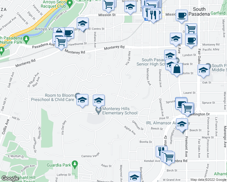 map of restaurants, bars, coffee shops, grocery stores, and more near 716 Flores De Oro in South Pasadena