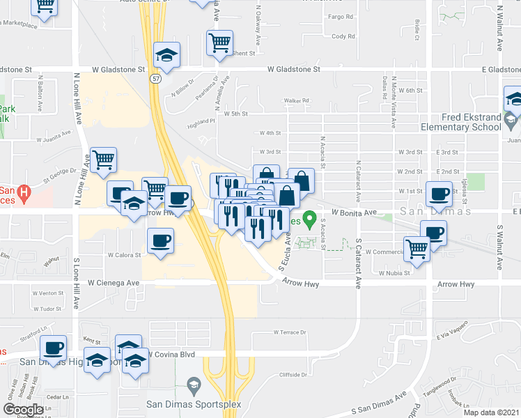 map of restaurants, bars, coffee shops, grocery stores, and more near 650 West Bonita Avenue in San Dimas