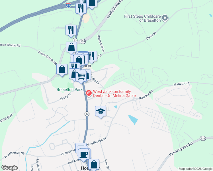 map of restaurants, bars, coffee shops, grocery stores, and more near 53 Golden Eagle Parkway in Braselton