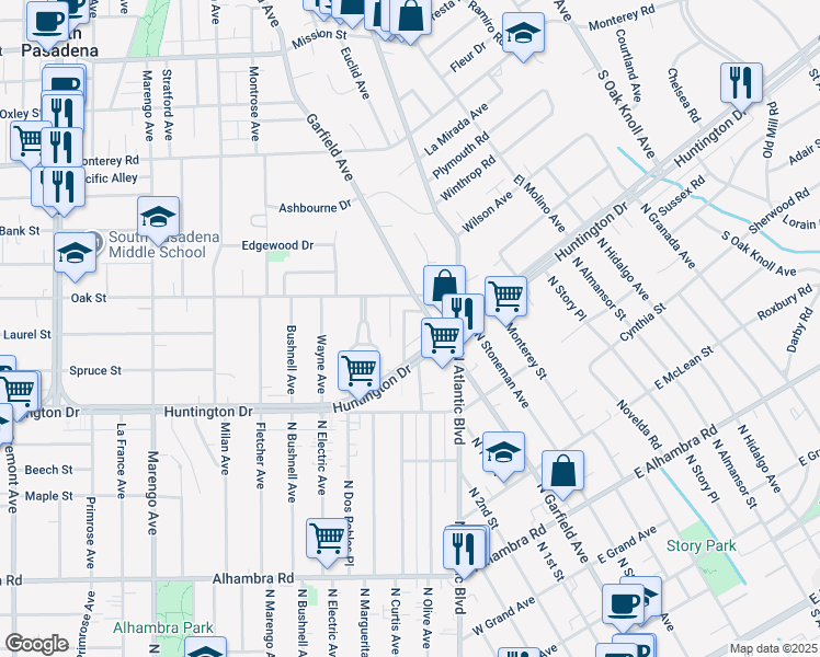 map of restaurants, bars, coffee shops, grocery stores, and more near 1714 La Senda Place in South Pasadena