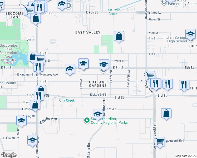 map of restaurants, bars, coffee shops, grocery stores, and more near 8085 Pine Street in San Bernardino