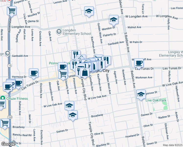 map of restaurants, bars, coffee shops, grocery stores, and more near 9650 Las Tunas Drive in Temple City