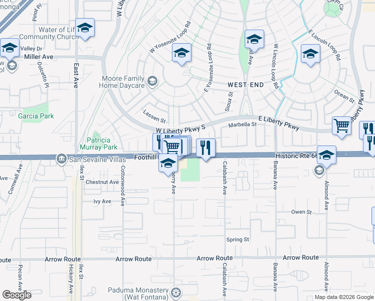 map of restaurants, bars, coffee shops, grocery stores, and more near 13721 Sunrise Street in Fontana
