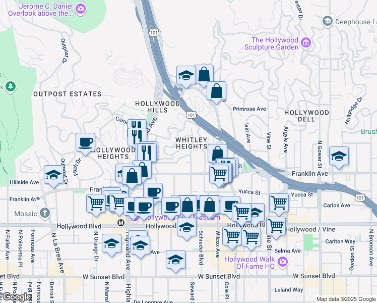 map of restaurants, bars, coffee shops, grocery stores, and more near 1959 Whitley Avenue in Los Angeles