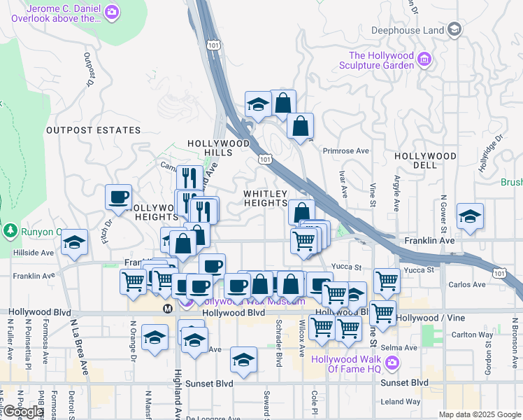 map of restaurants, bars, coffee shops, grocery stores, and more near 1959 Whitley Avenue in Los Angeles