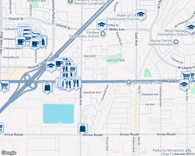 map of restaurants, bars, coffee shops, grocery stores, and more near 8090 Cornwall Court in Rancho Cucamonga
