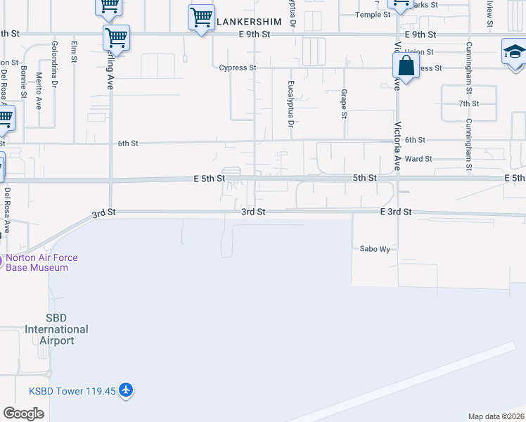 map of restaurants, bars, coffee shops, grocery stores, and more near 2414 West 3rd Avenue in San Bernardino