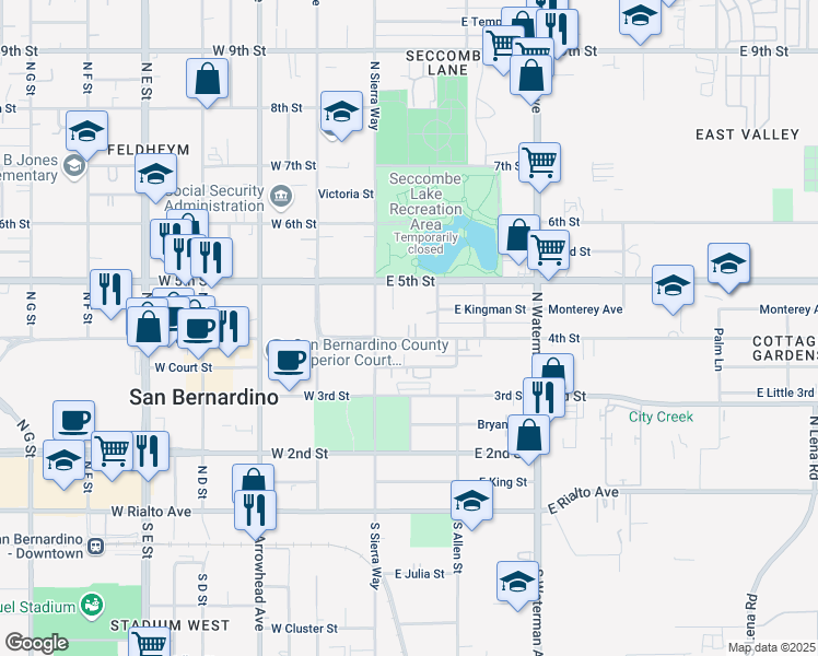 map of restaurants, bars, coffee shops, grocery stores, and more near 458 Sepulveda Avenue in San Bernardino