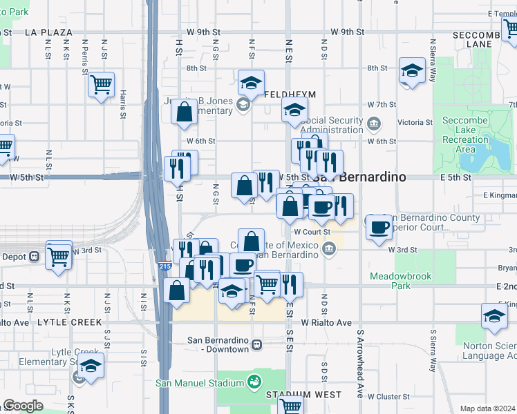 map of restaurants, bars, coffee shops, grocery stores, and more near 562 West 4th Street in San Bernardino