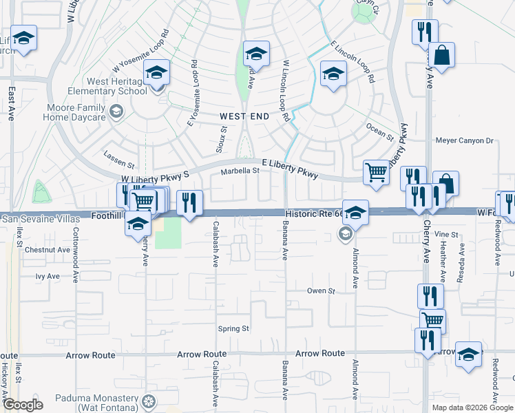 map of restaurants, bars, coffee shops, grocery stores, and more near 8090 Palermo Street in Fontana