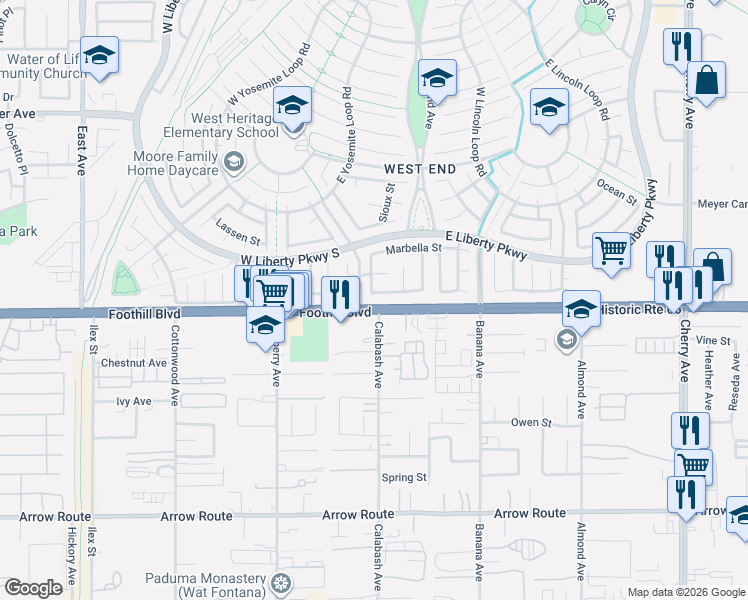 map of restaurants, bars, coffee shops, grocery stores, and more near 8098 Sorrento Street in Fontana