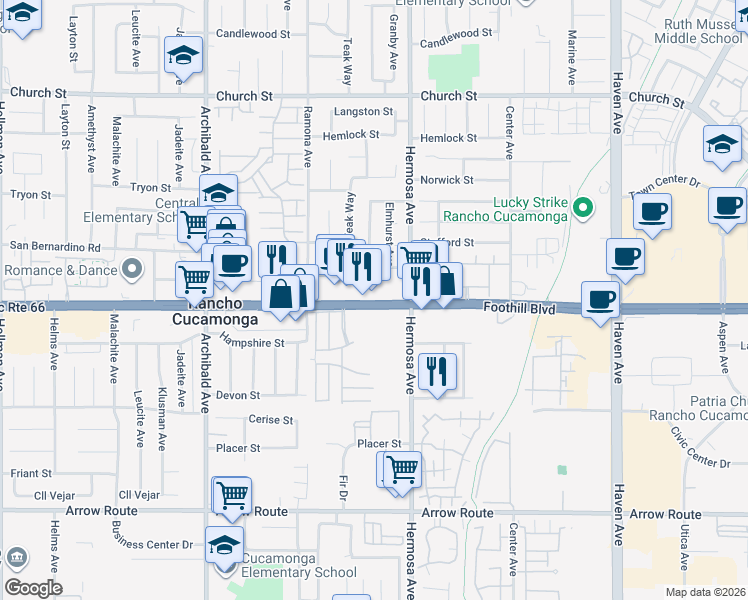 map of restaurants, bars, coffee shops, grocery stores, and more near 10028 West Historic Route 66 in Rancho Cucamonga