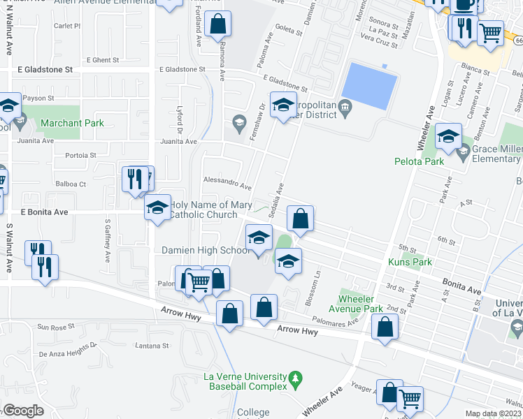 map of restaurants, bars, coffee shops, grocery stores, and more near 2500 Damien Avenue in La Verne