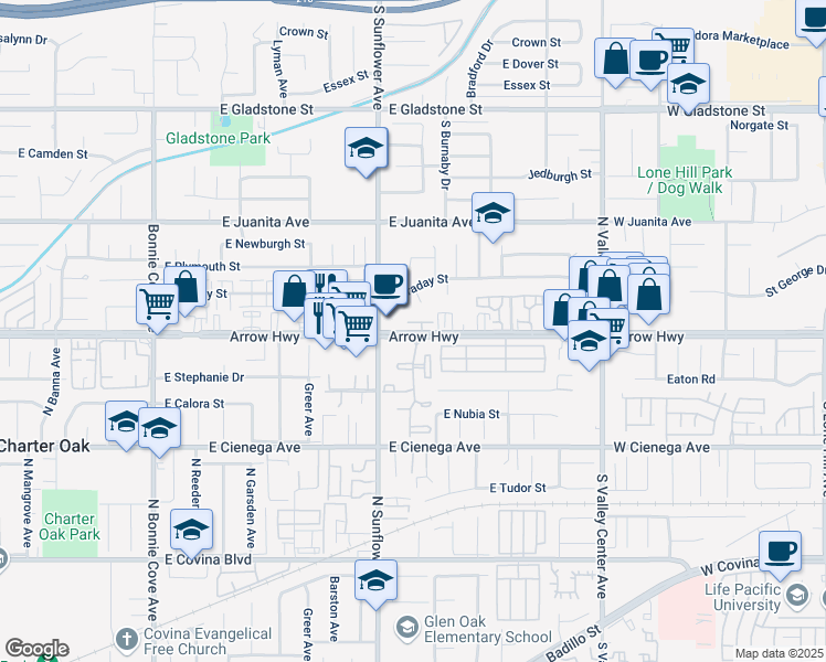 map of restaurants, bars, coffee shops, grocery stores, and more near 929 East Arrow Highway in Glendora