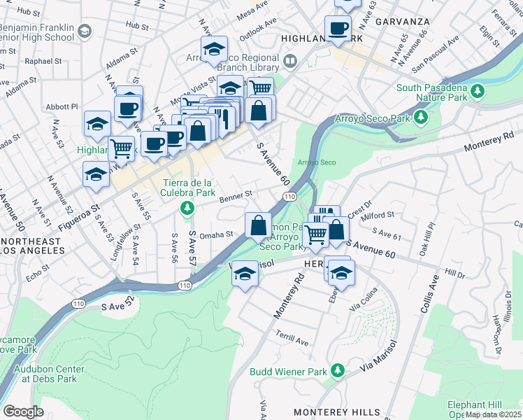map of restaurants, bars, coffee shops, grocery stores, and more near 333 South Avenue 59 in Los Angeles