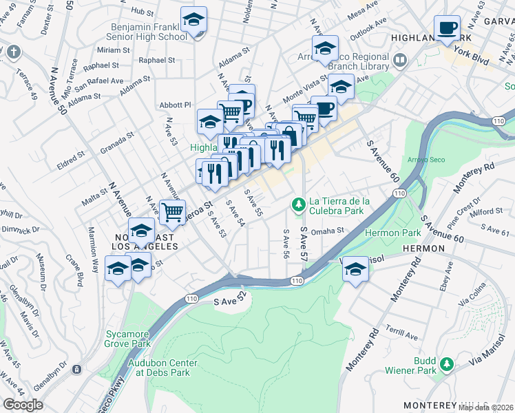 map of restaurants, bars, coffee shops, grocery stores, and more near 134 South Avenue 55 in Los Angeles
