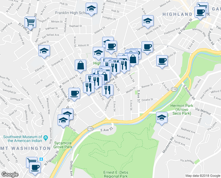 map of restaurants, bars, coffee shops, grocery stores, and more near 118 South Avenue 54 in Los Angeles