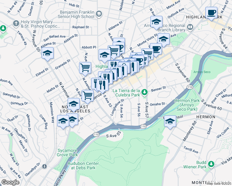 map of restaurants, bars, coffee shops, grocery stores, and more near 118 South Avenue 54 in Los Angeles