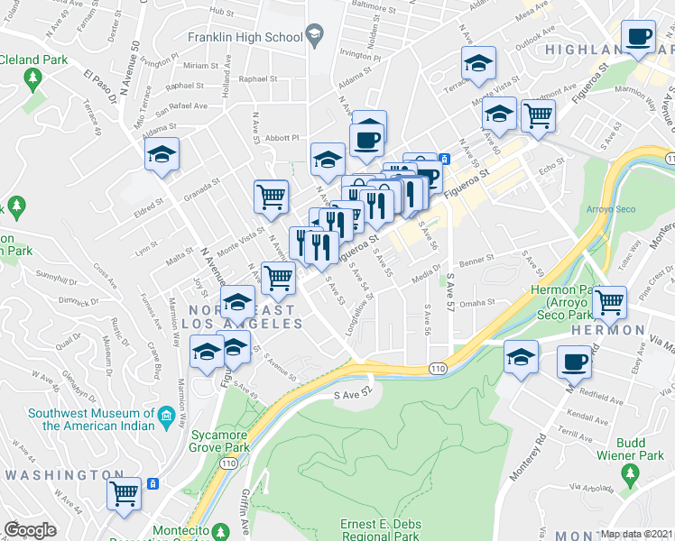 map of restaurants, bars, coffee shops, grocery stores, and more near 118 South Avenue 54 in Los Angeles