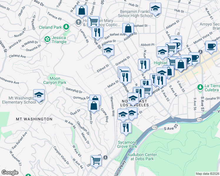 map of restaurants, bars, coffee shops, grocery stores, and more near 4842 Malta Street in Los Angeles
