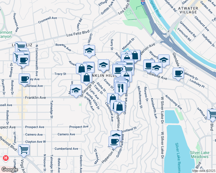 map of restaurants, bars, coffee shops, grocery stores, and more near 3822 Evans Street West in Los Angeles