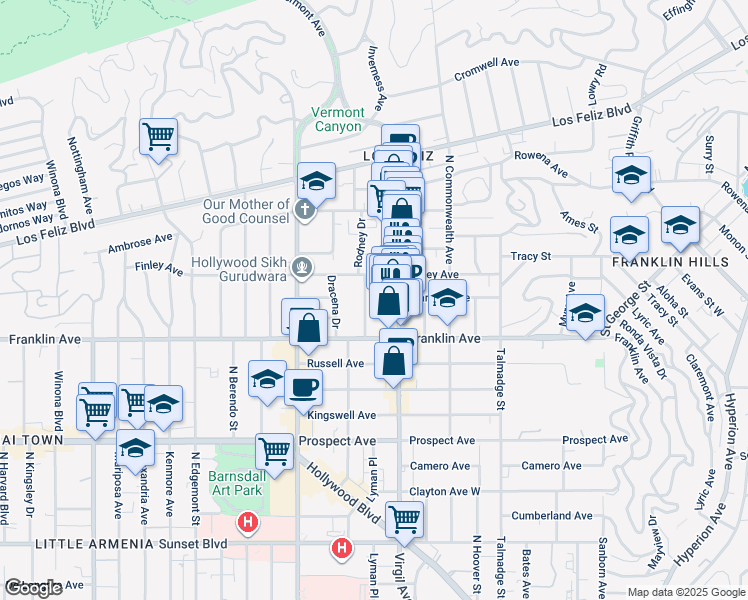 map of restaurants, bars, coffee shops, grocery stores, and more near 1952 Rodney Drive in Los Angeles