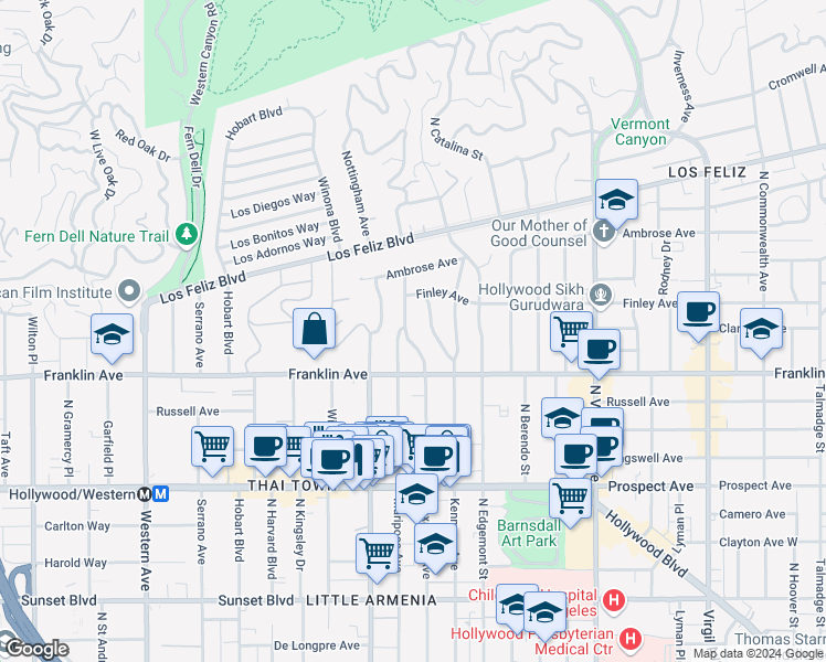 map of restaurants, bars, coffee shops, grocery stores, and more near 1960 1/2 North Alexandria Avenue in Los Angeles
